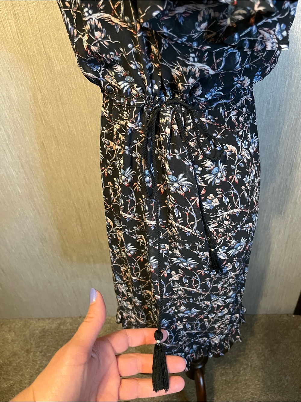 Beltaine Dark Floral Ruffle Tie-Waist Mini Dress size XS - Picture 11 of 11